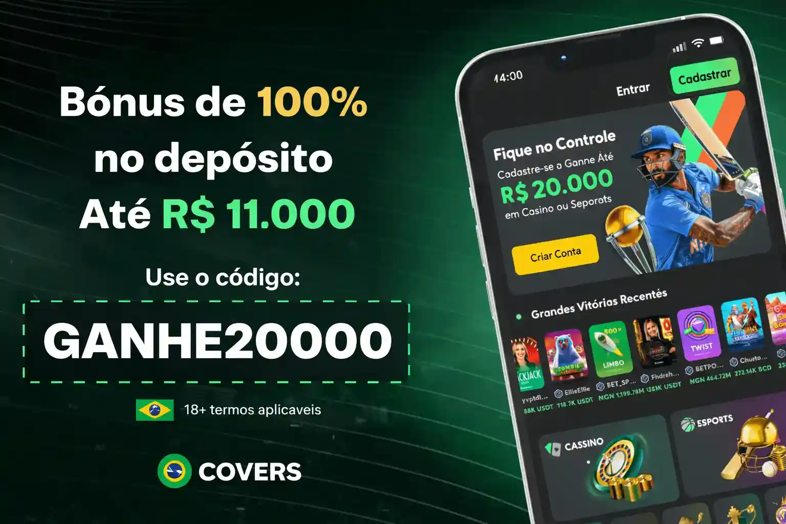 Bônus de cem por cento no depósito exibido em aplicativo móvel