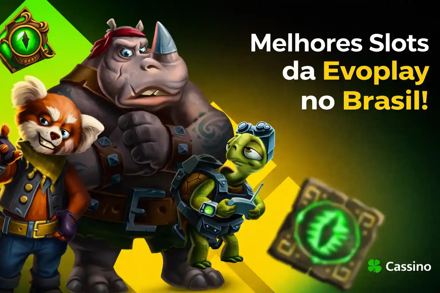 Personagens animados promovendo slots Evoplay populares no Brasil