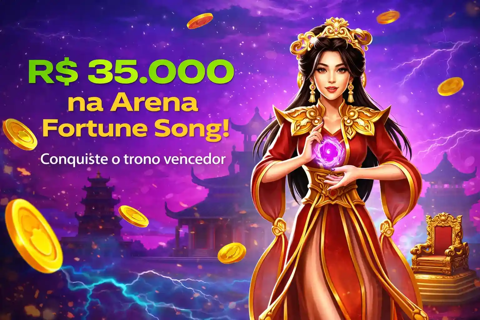 Personagem feminina em arena Fortune Song com moedas voando