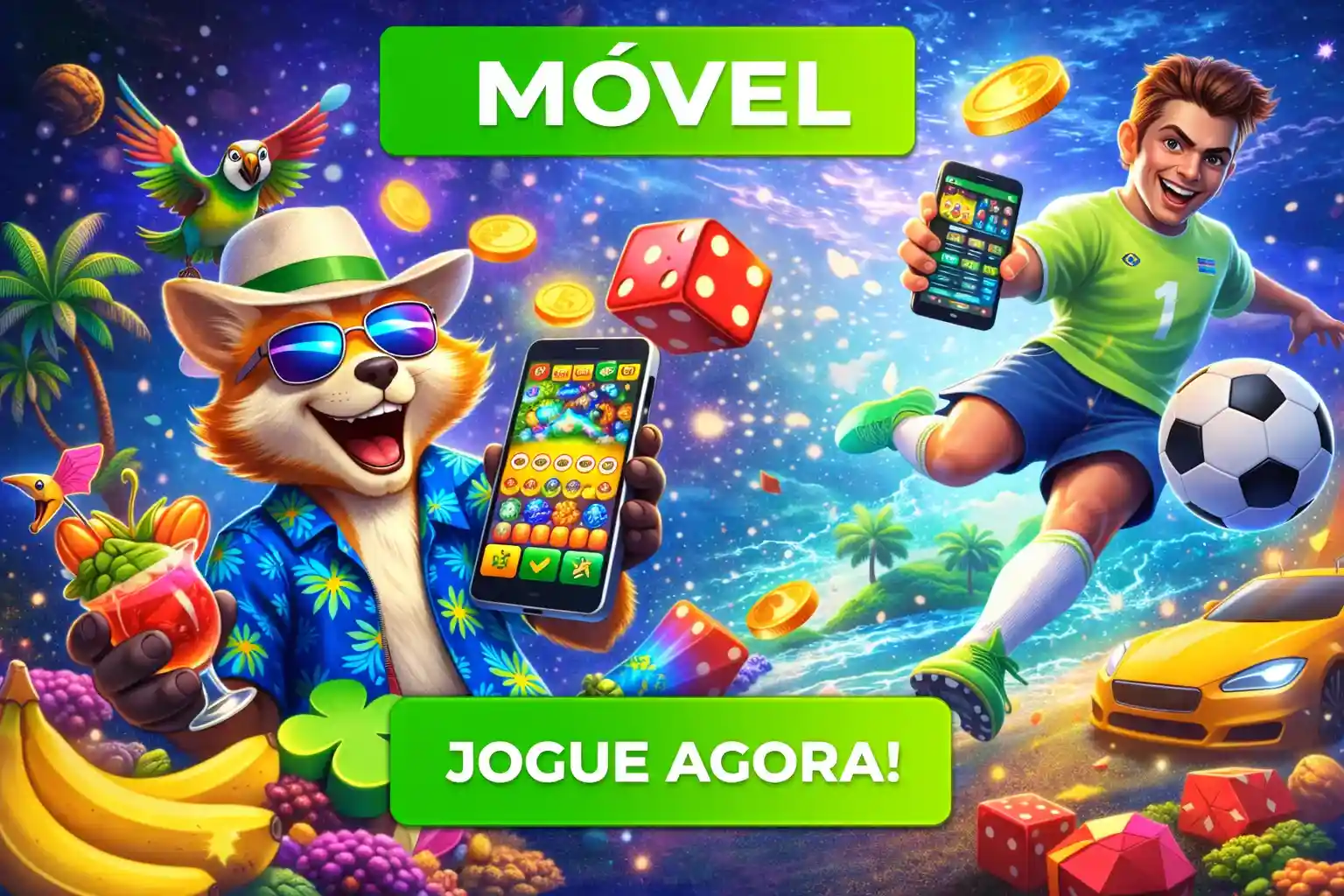 Jogador de futebol e mascote usando cassino móvel no celular